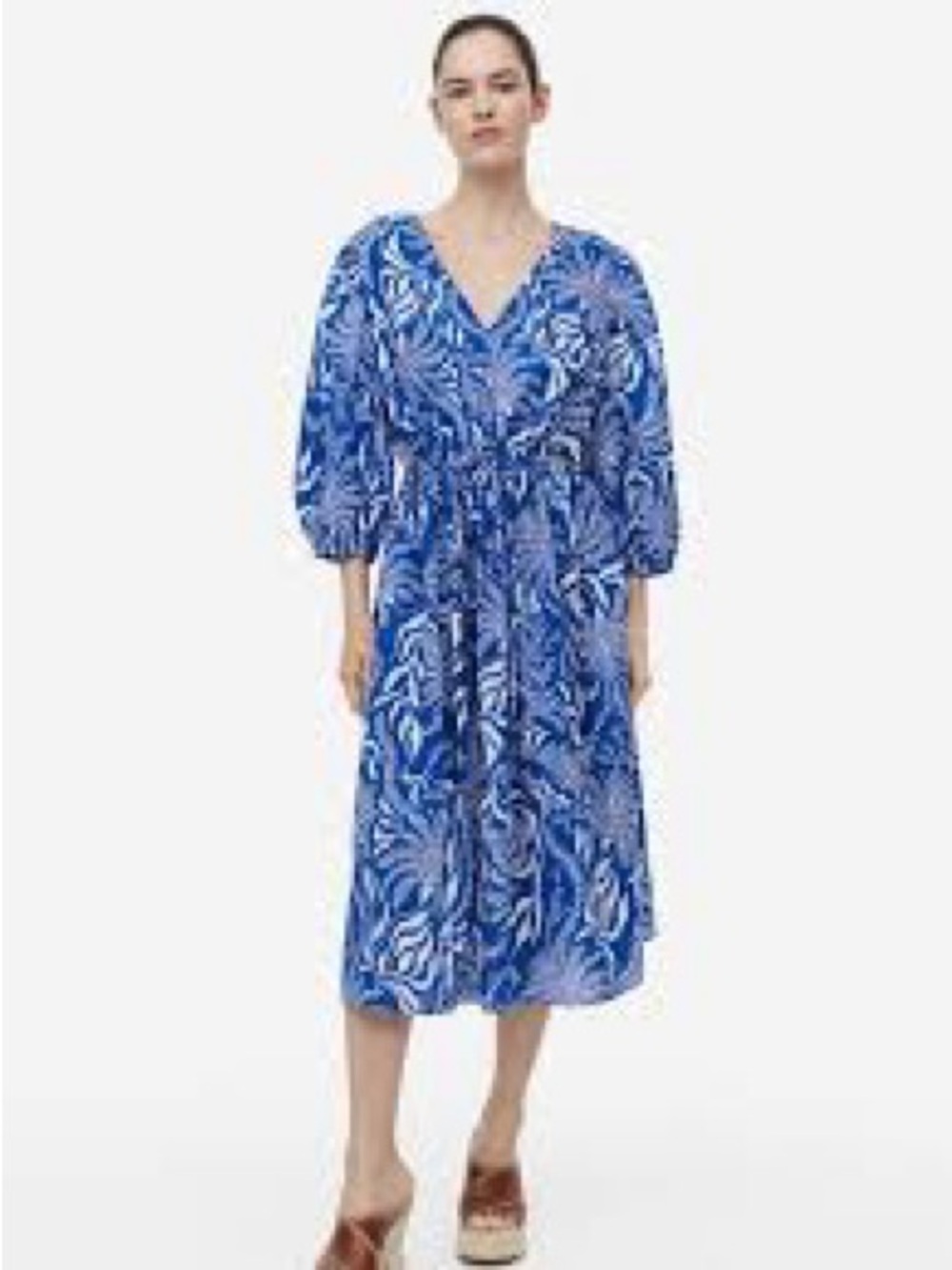 H&M Blue Printed V-Neck Gathered-Waist Midi Dress